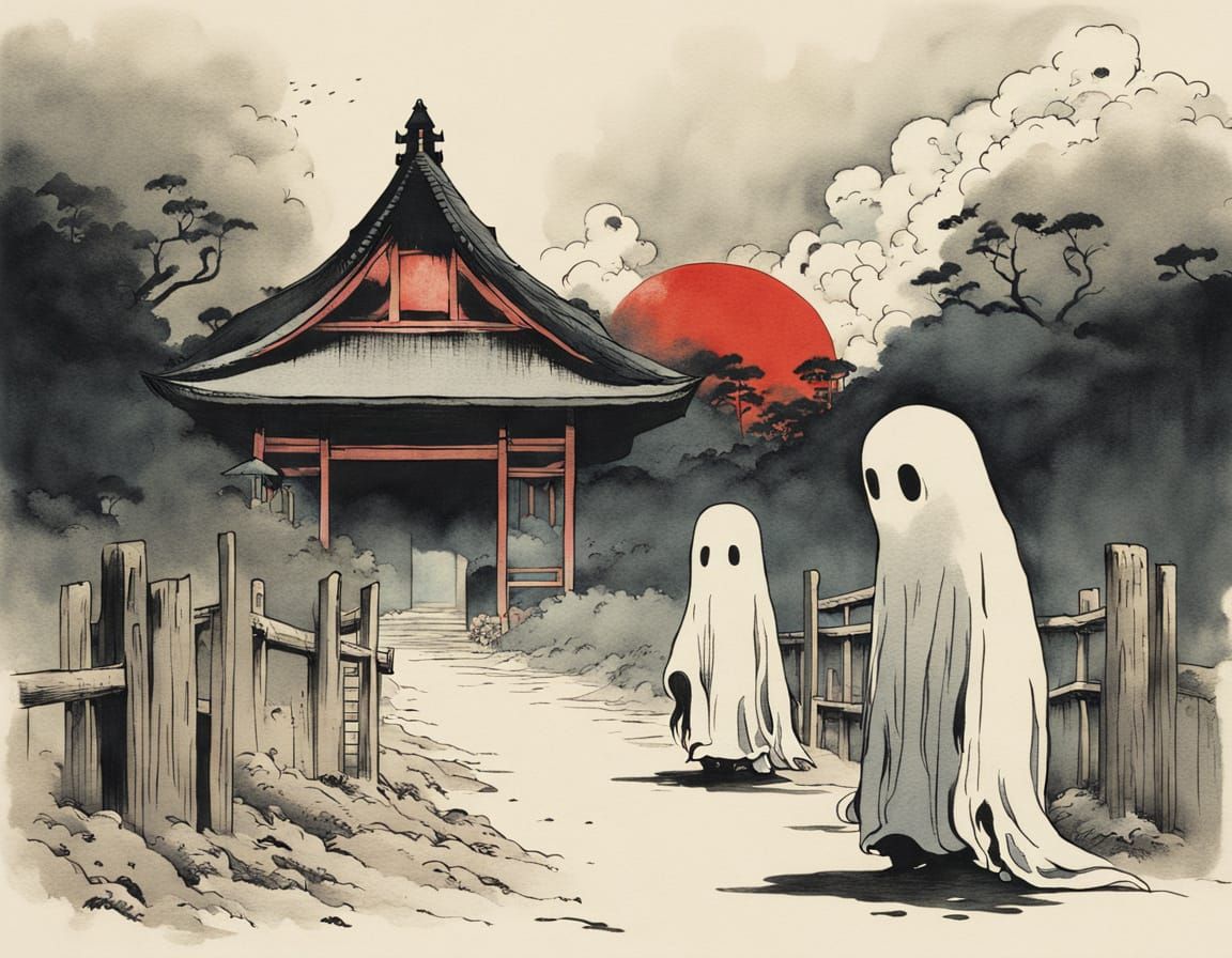 Adorable Fantasy Ghosts in Minimalist Sumi-e Style
