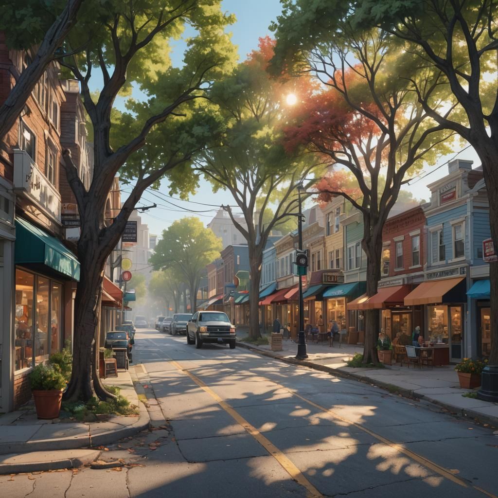 A small town downtown early in the morning with pretty little shops and a tree-lined street