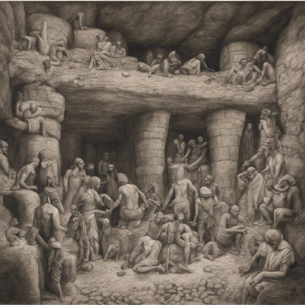 Ancient Egyptian Gold Mine: Hyperdetailed Charcoal Drawing