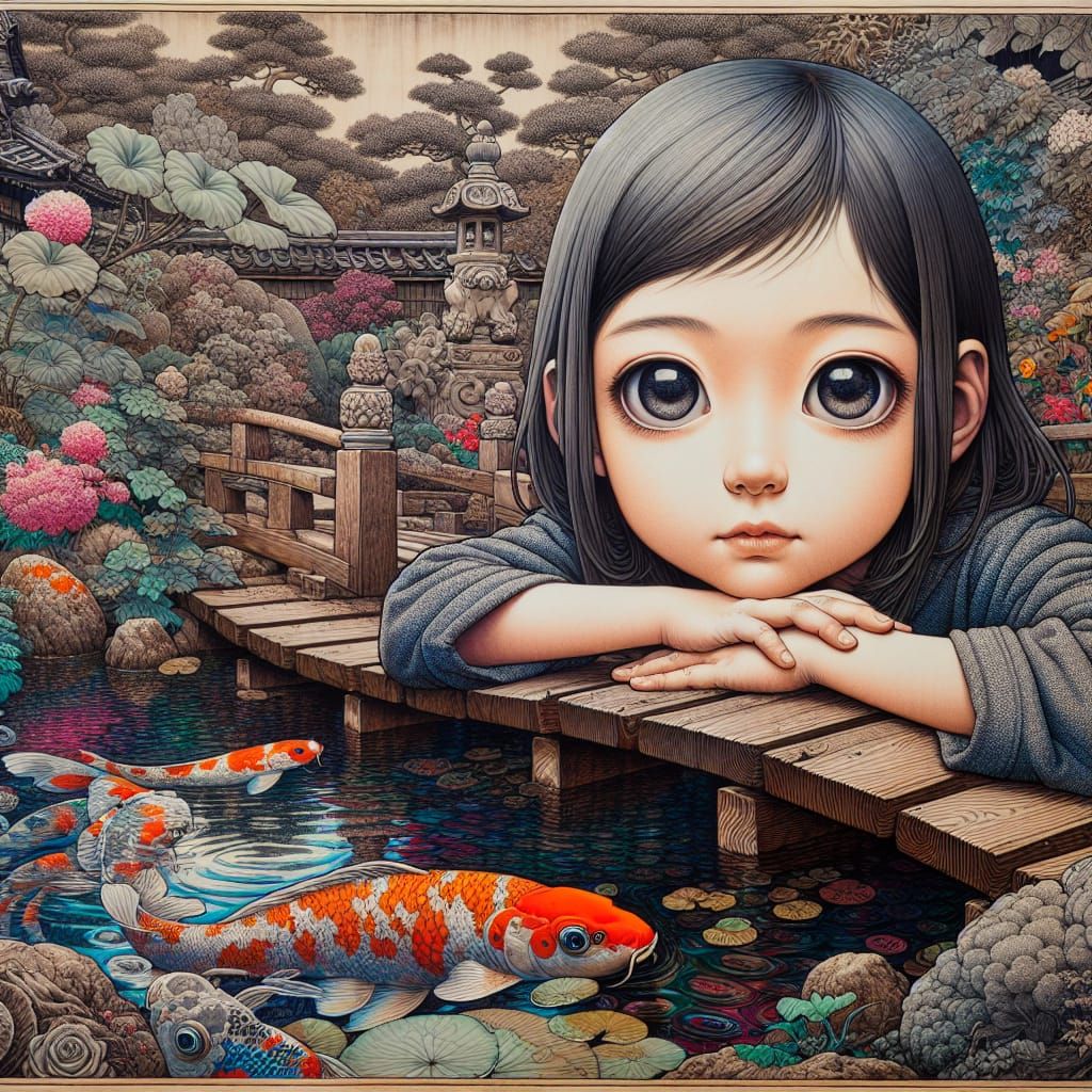 Girl Contemplates Koi Pond in Japanese Woodblock Style