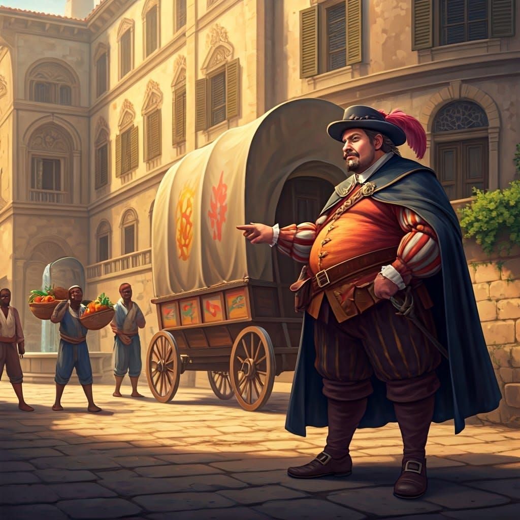 Renaissance Merchant Scorns Begging Masses in Vibrant Palace...