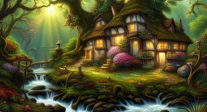 Lush Jungle Village with Spring Flowers, Comic Style