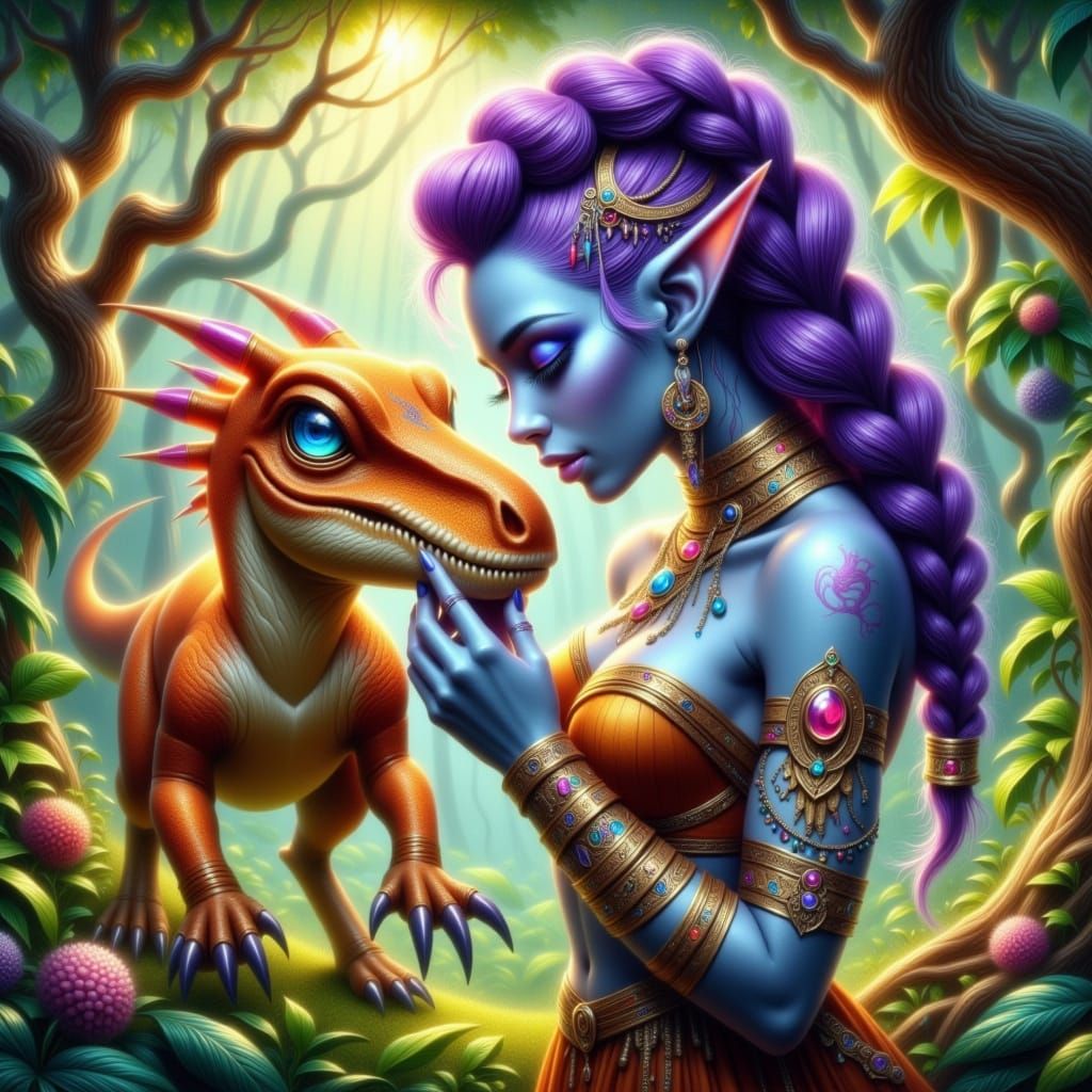Fantasy Troll Goddess with Majestic Velociraptor in Enchante...