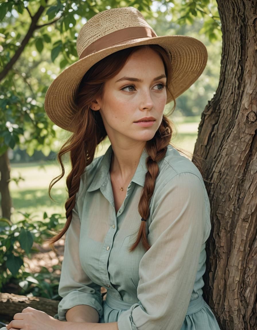 Woman with Auburn Hair Sitting Under a Tree