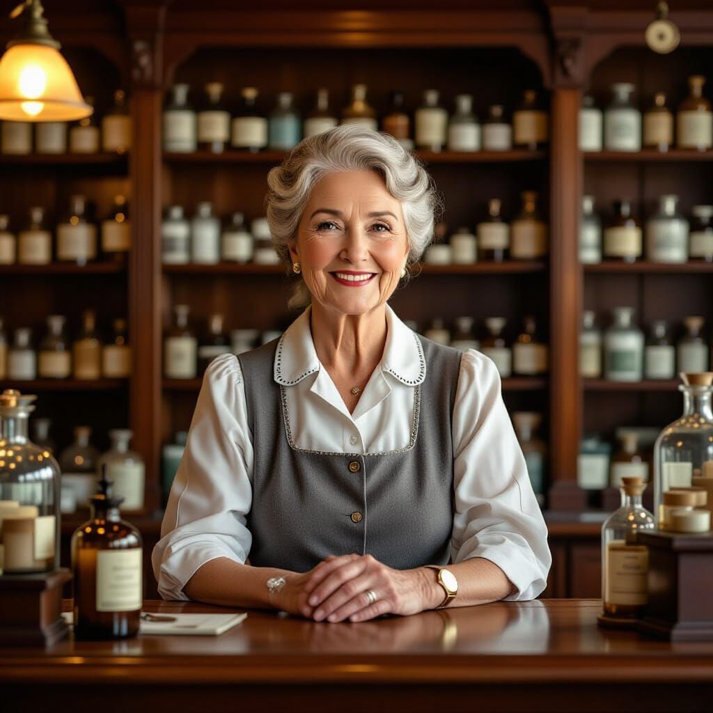 Elderly Pharmacy Clerk in Vintage Shop