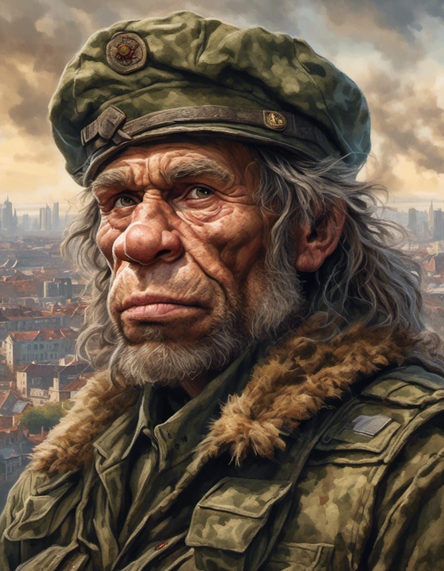 Hyperreal Neanderthal Portrait in Military Uniform