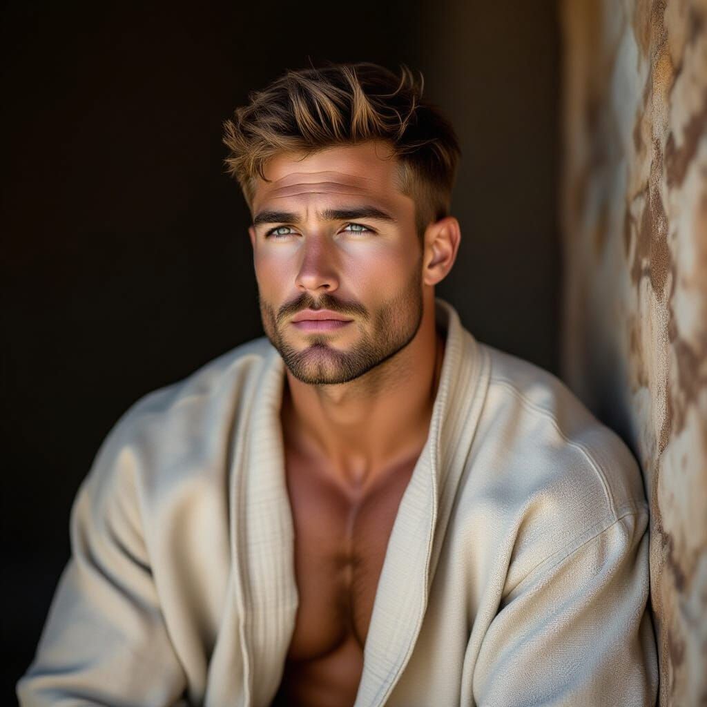 Contemplative Man in Linen Robe: Cinematic Portrait