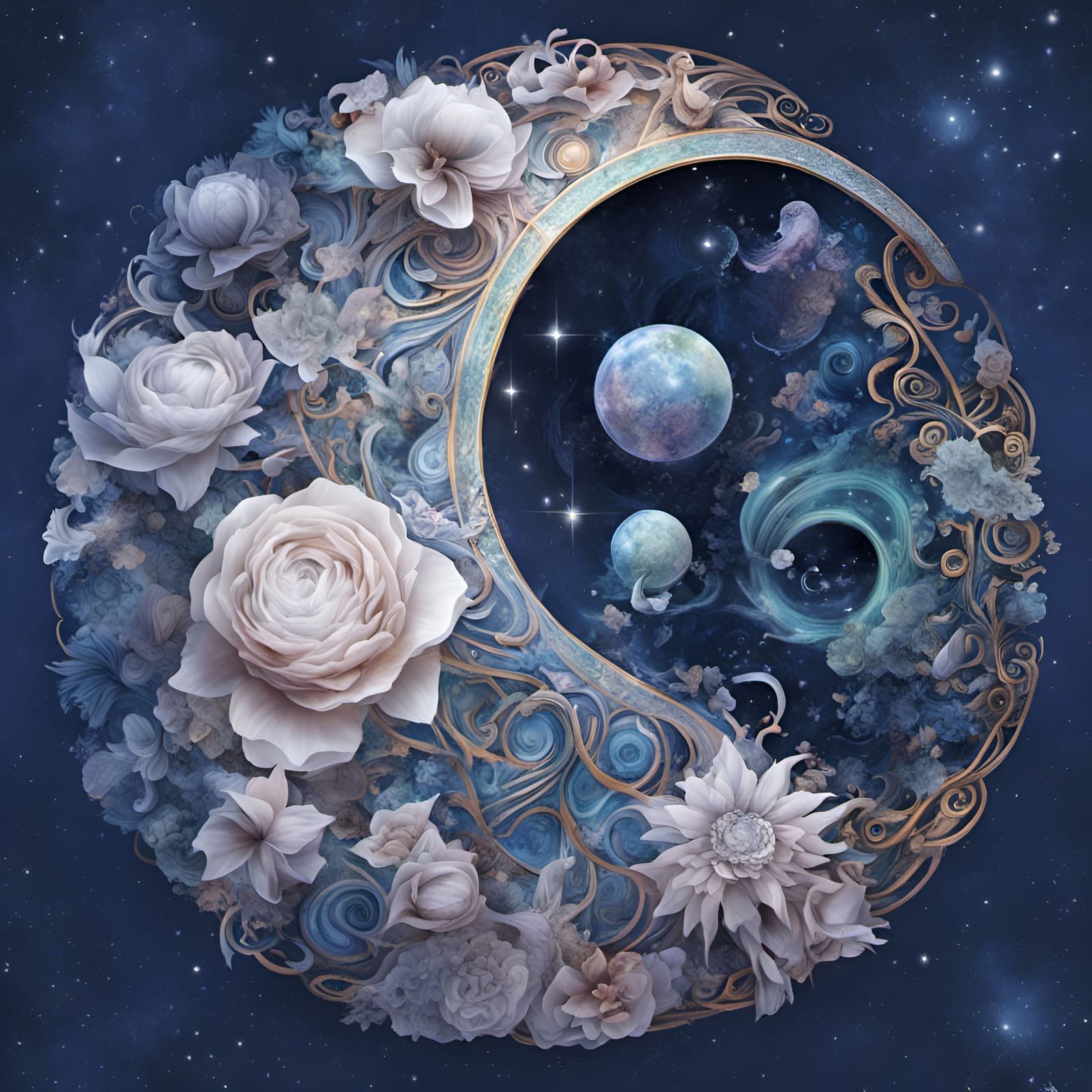 Moon and Flowers in Yin Form, Holographic Illustration