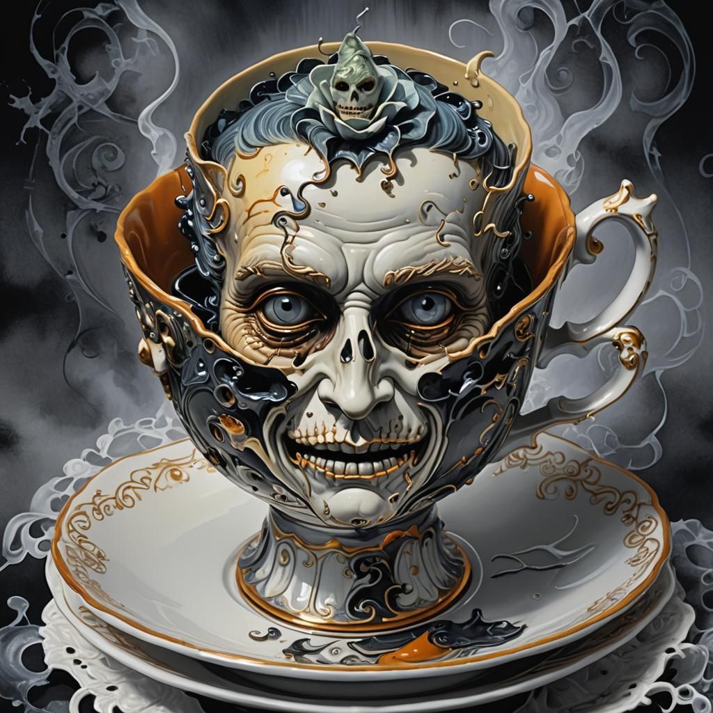 Halloween Teacup in Hyperrealistic Splash Art