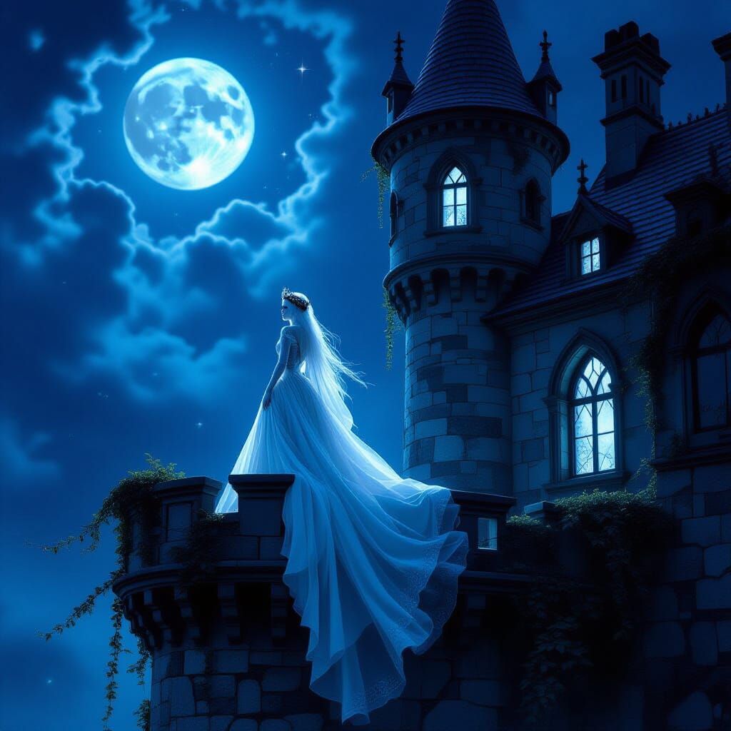 Phantom Queen Gazes From Ruined Castle Tower