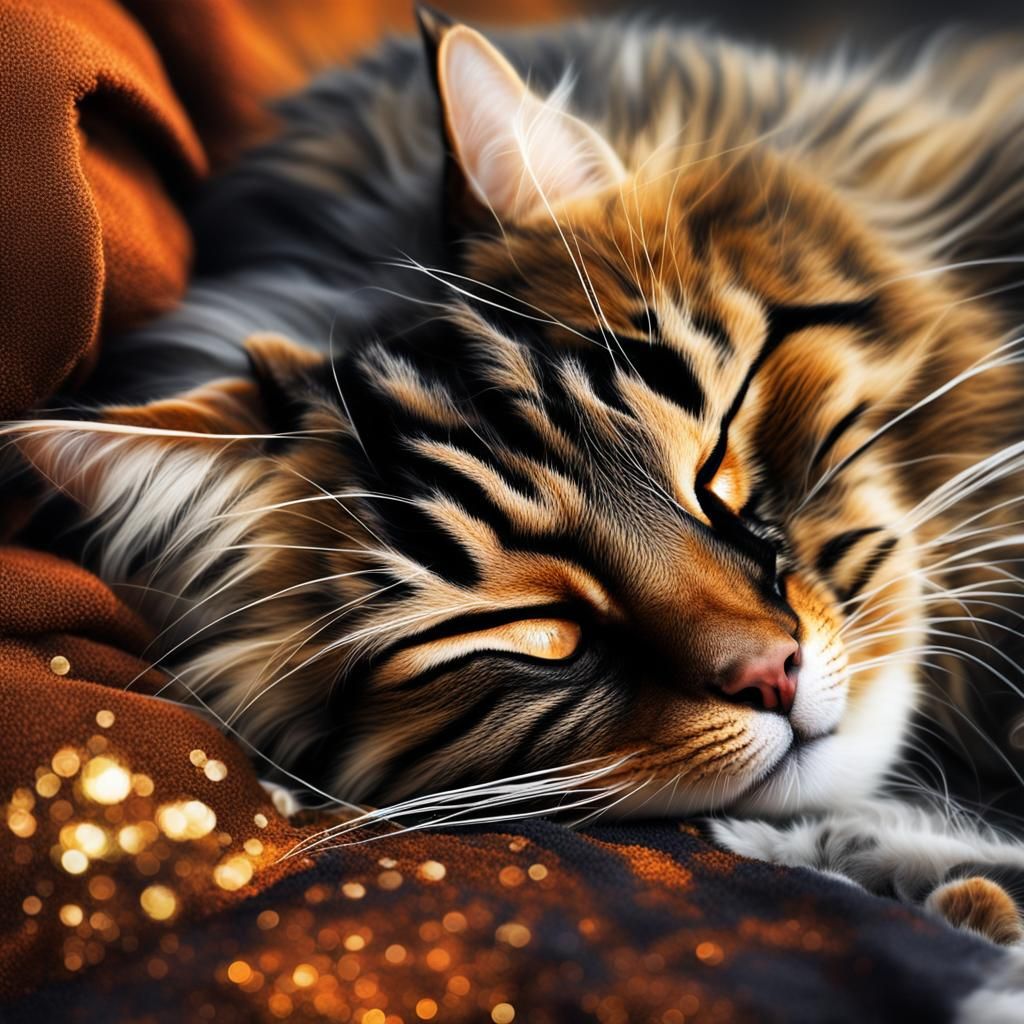 Airbrush Art of Sleeping Tabby Cat on Cushions