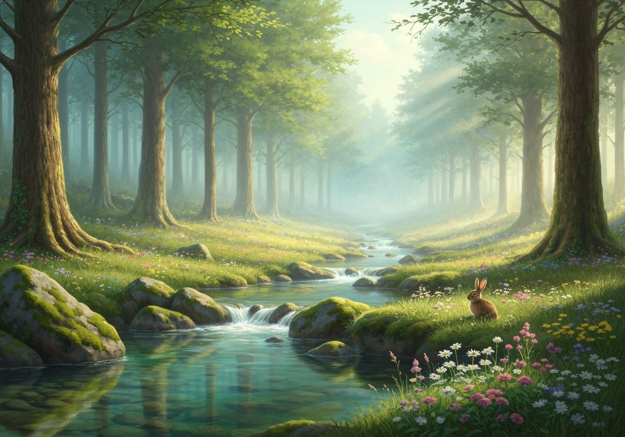 Sun-Dappled Forest Clearing with Stream