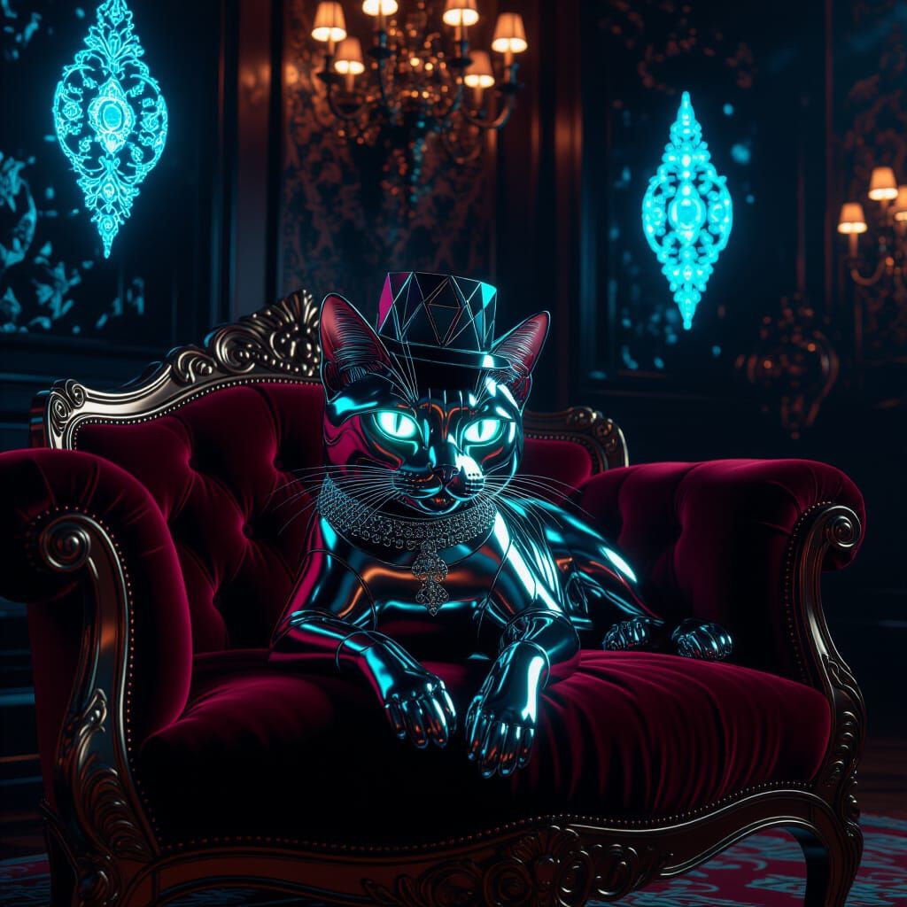 Chrome Cat with Cybernetic Eyes on Velvet Cushion