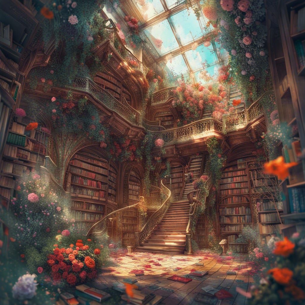 Utopian Library with Blooming Roses, Macro Photography