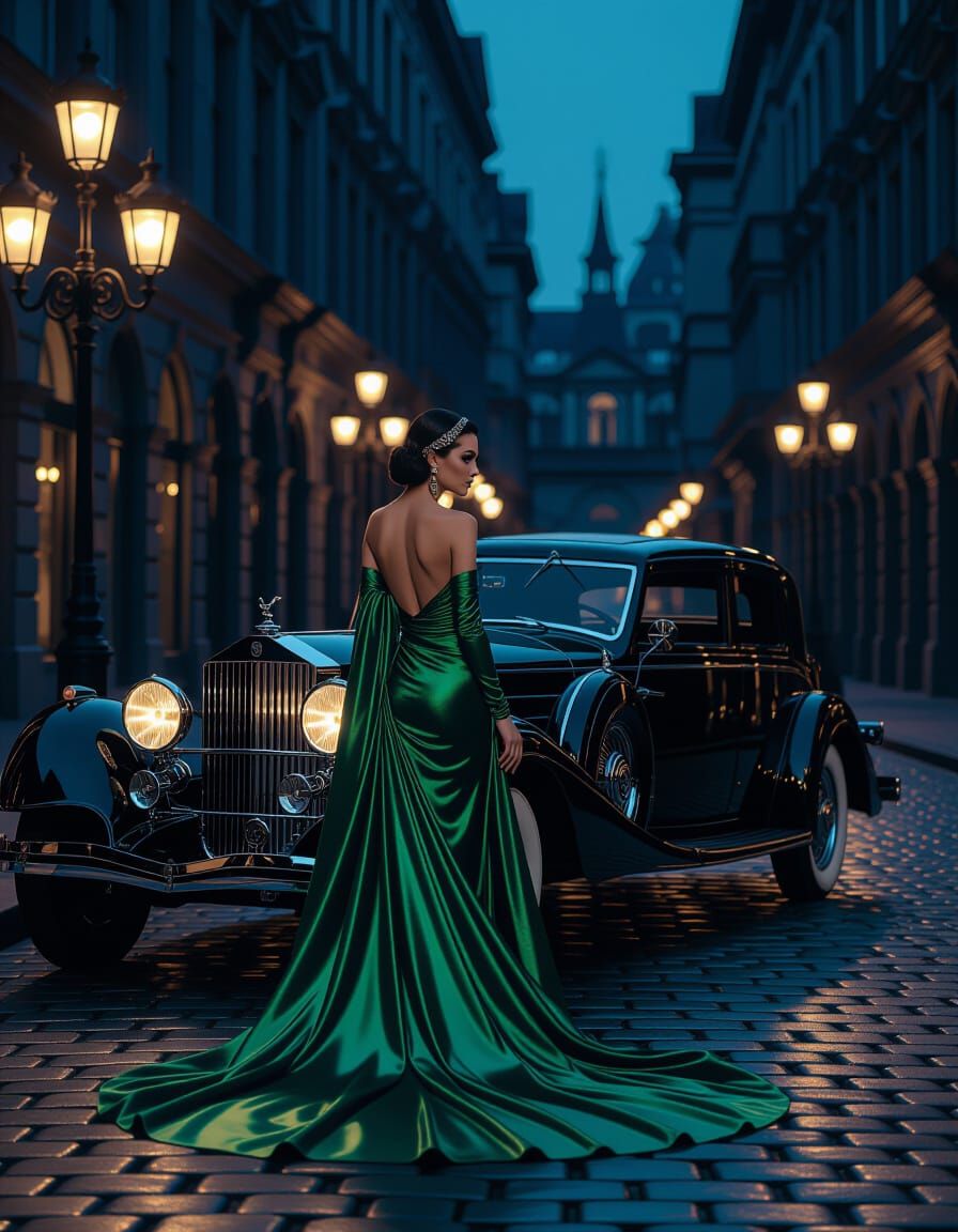 Elegant Woman by Vintage Car in Twilight City