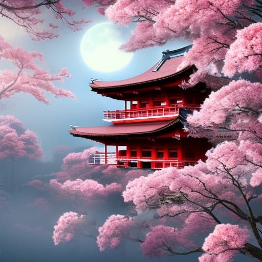 Ancient Japanese Temple Under Blood Moon