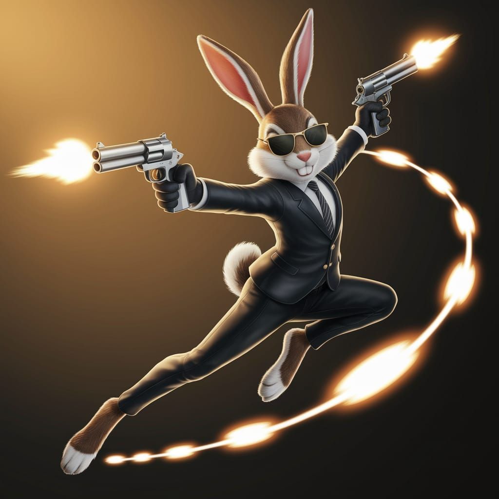 Anthropomorphic Rabbit Leaping with Pistols in Bullet Time