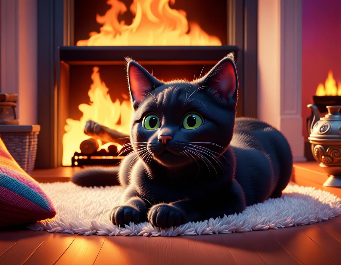 Kitten Relaxing by Fireplace: 3D Digital Art