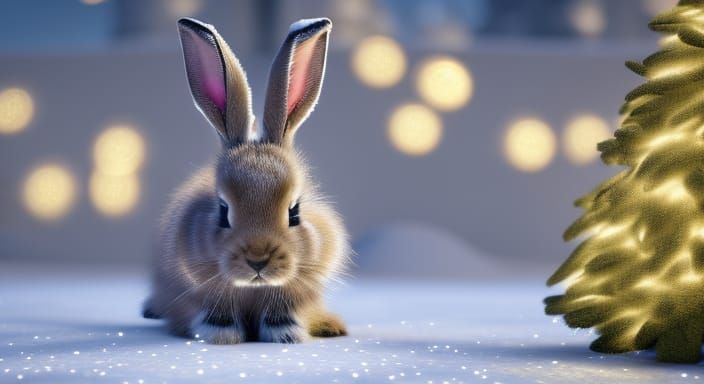 baby bunny on the snow glitter christmas trees lights  3D Game Cinematic Feel, Epic 3D Videogame Graphics, Intricately D...
