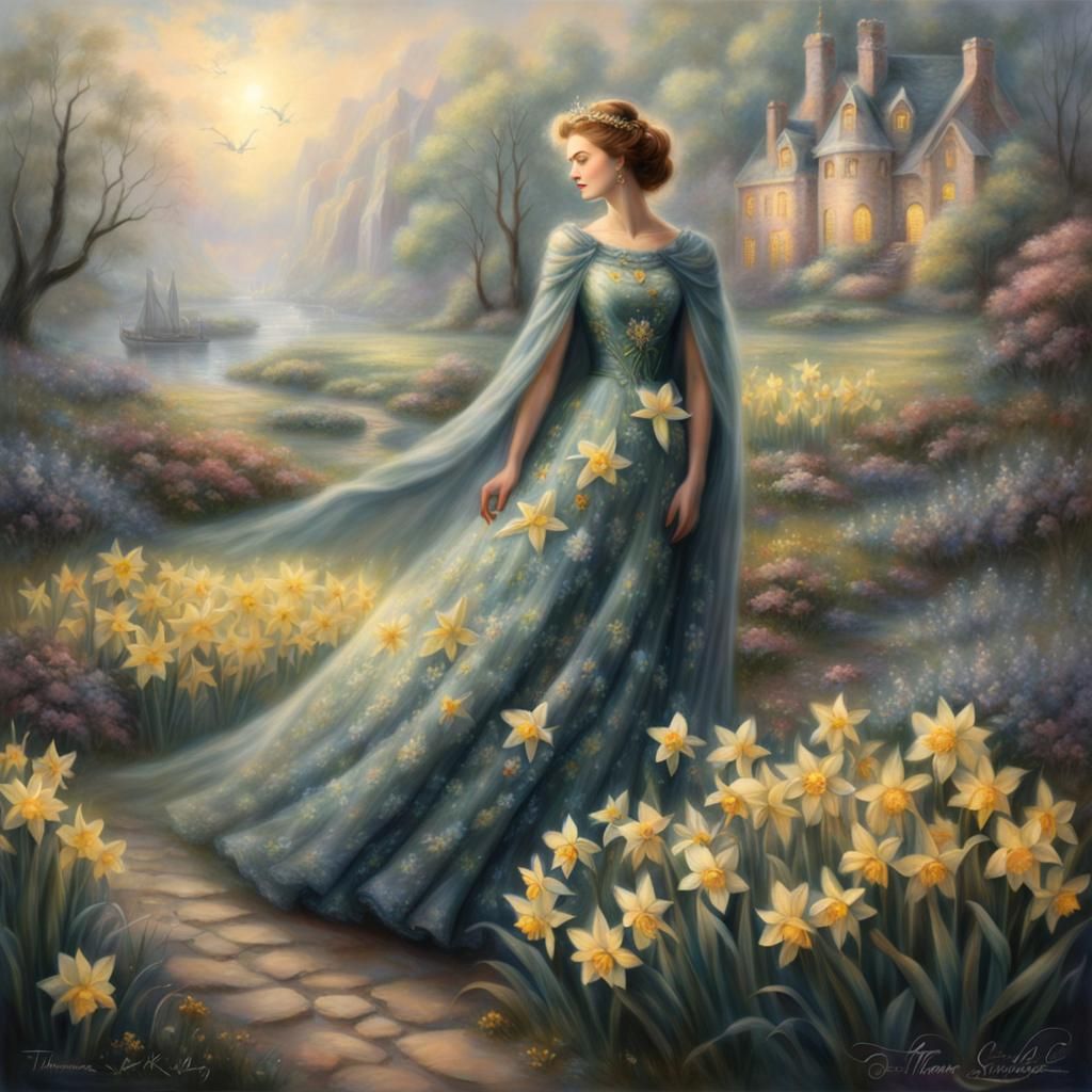 Ethereal Daffodil Queen in a Misty Landscape