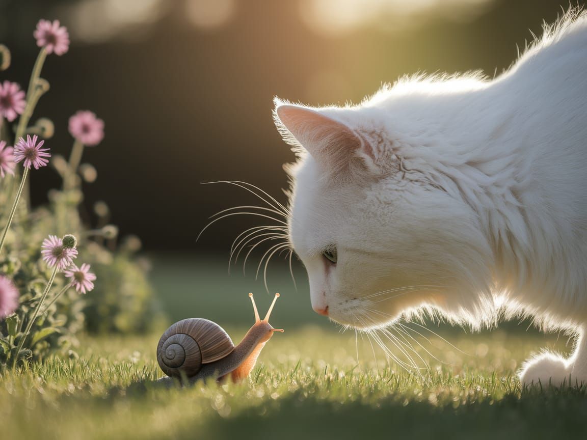 Curious Cat Sniffs Snail in Sunny Garden