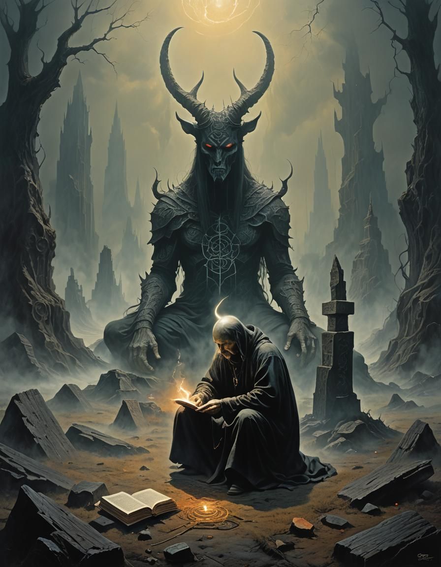 Otherworldly Figure Offers Runed Tome in Dark Fantasy Style