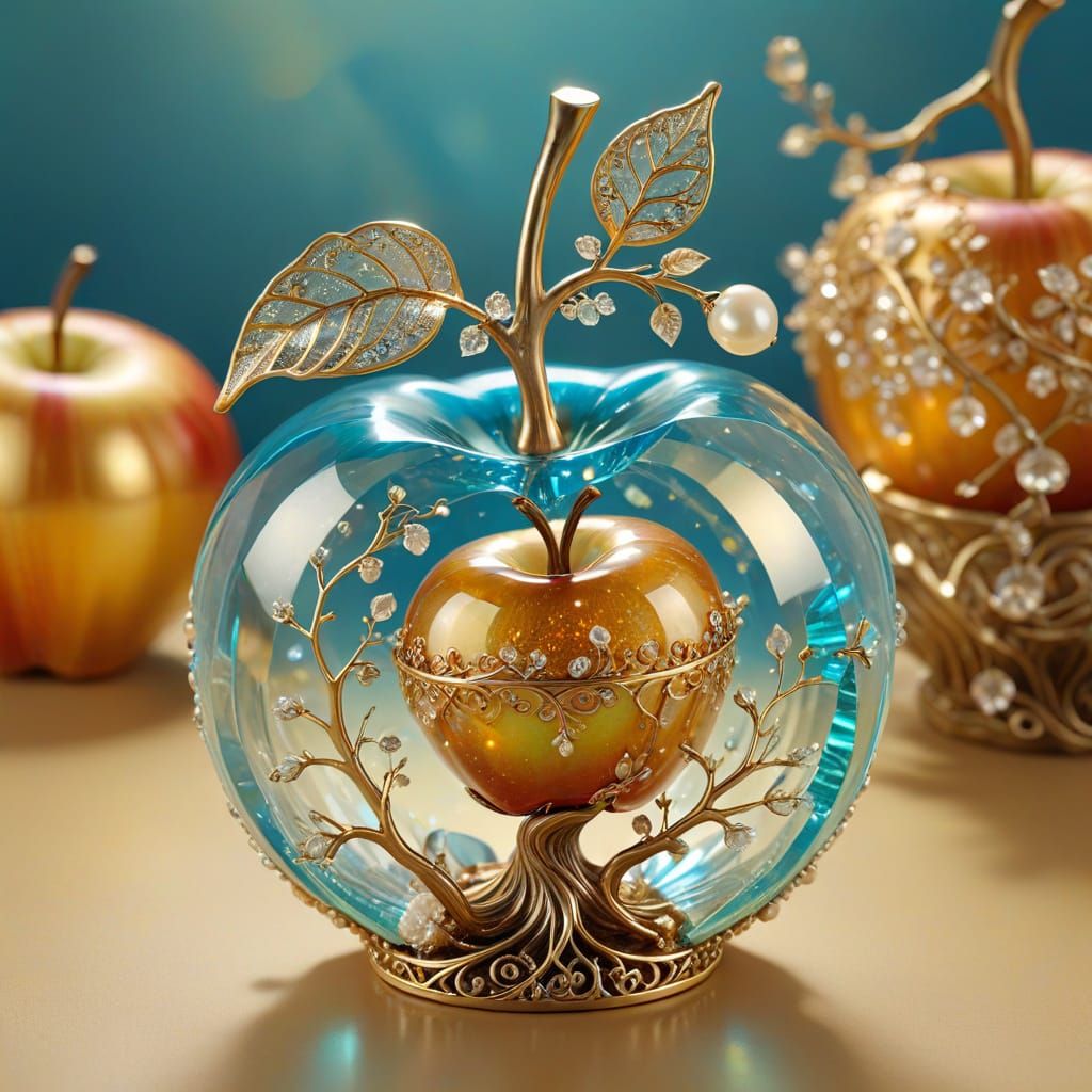 Crystal Apple Sculpture with Opal Tree and Golden Filigree