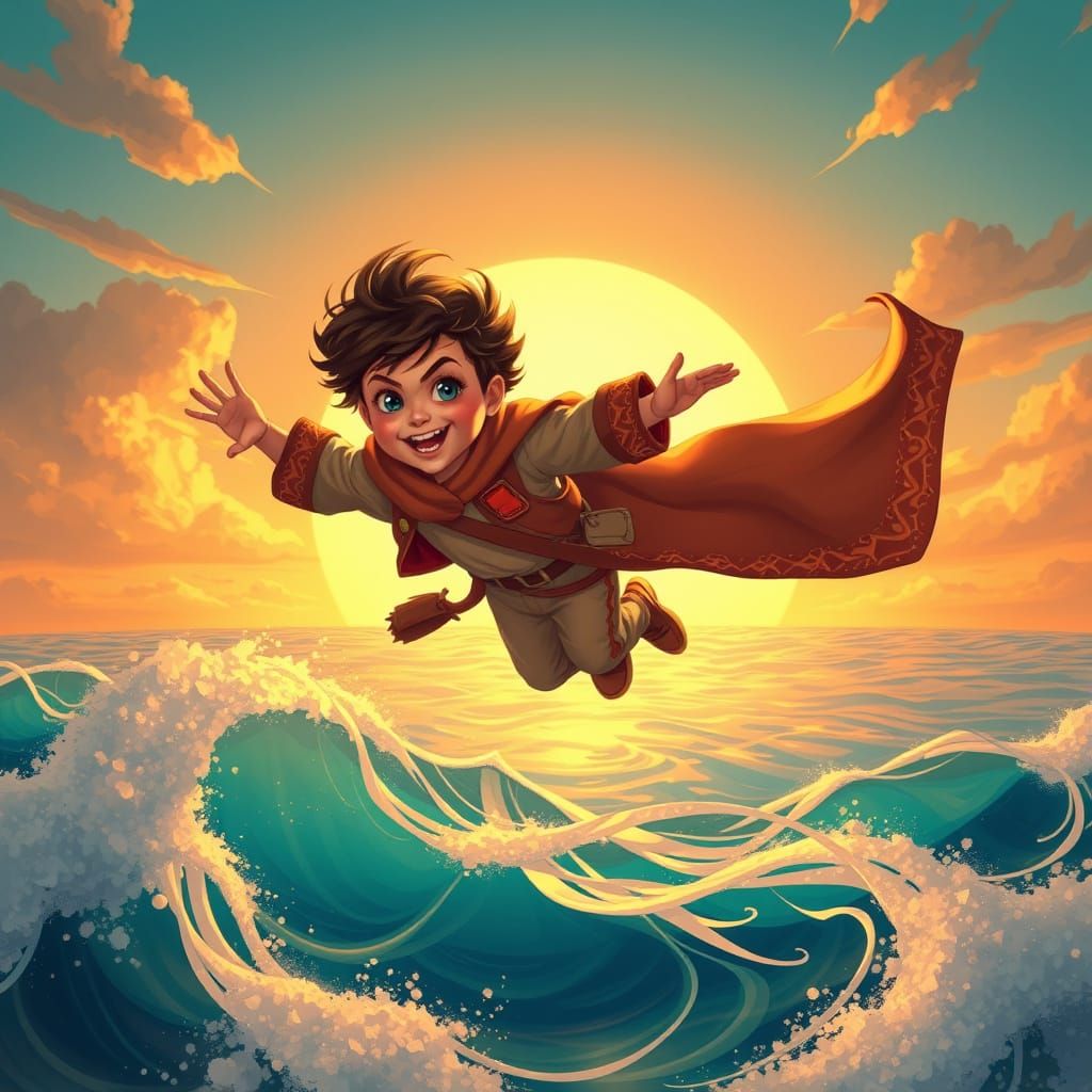 Child's Flight in Art Deco Sunset