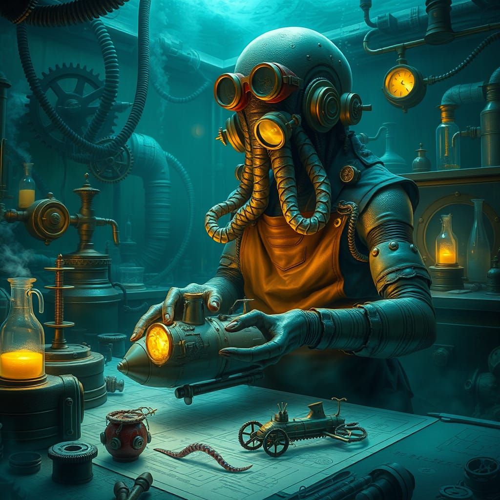 Steampunk Kraken Assembles Miniature Submarines in Underwate...