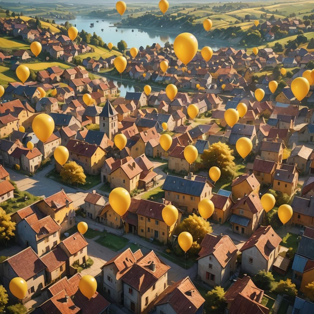 Yellow Balloons Above Village: Hyper-Realistic Oil Painting