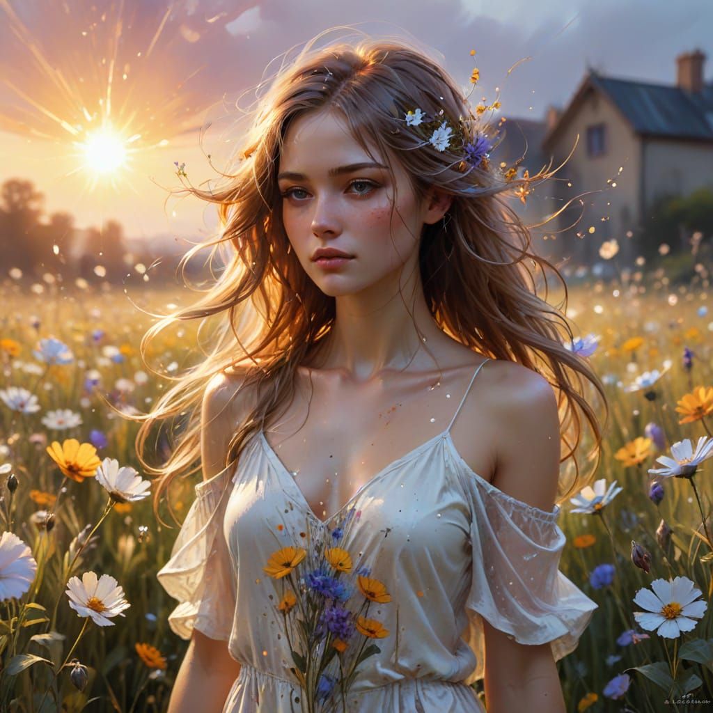 Ethereal Girl in Flower Field Watercolor Painting