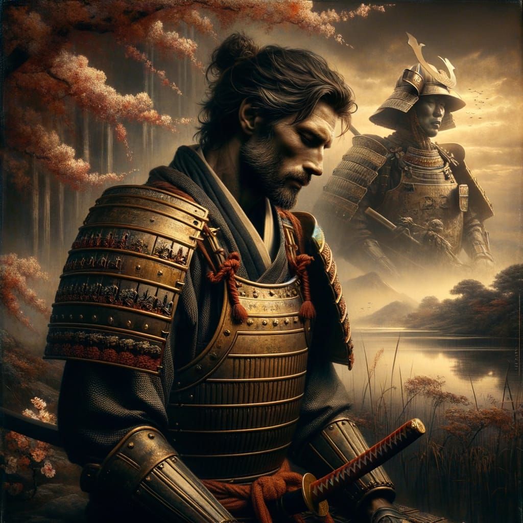Samurai Warrior in Solitude, Set Against Cherry Blossoms and...