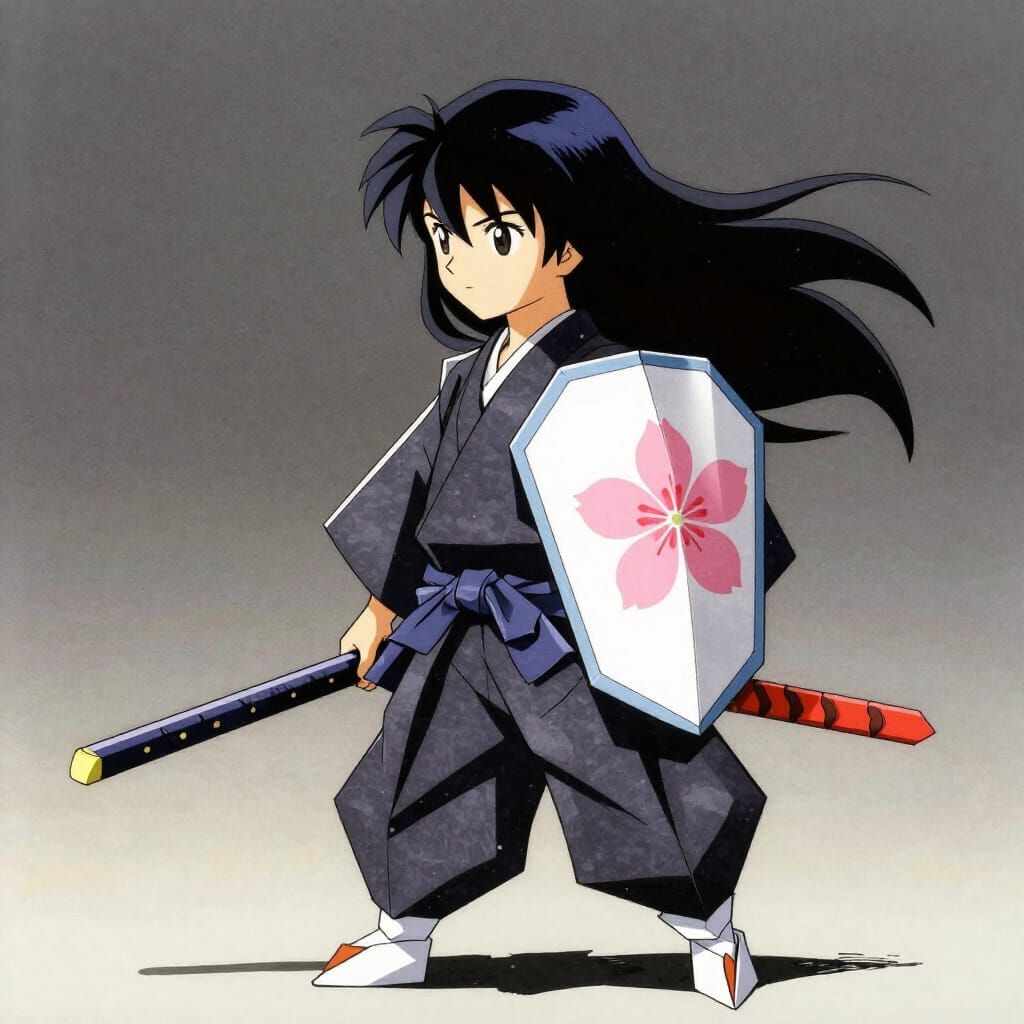 Origami Samurai with Cherry Blossom Shield in Wind