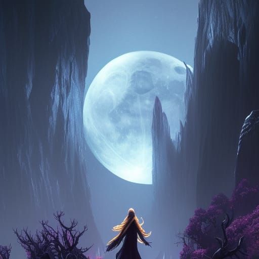 Moon Elf Portal Under Dark Tower, Fantasy Art
