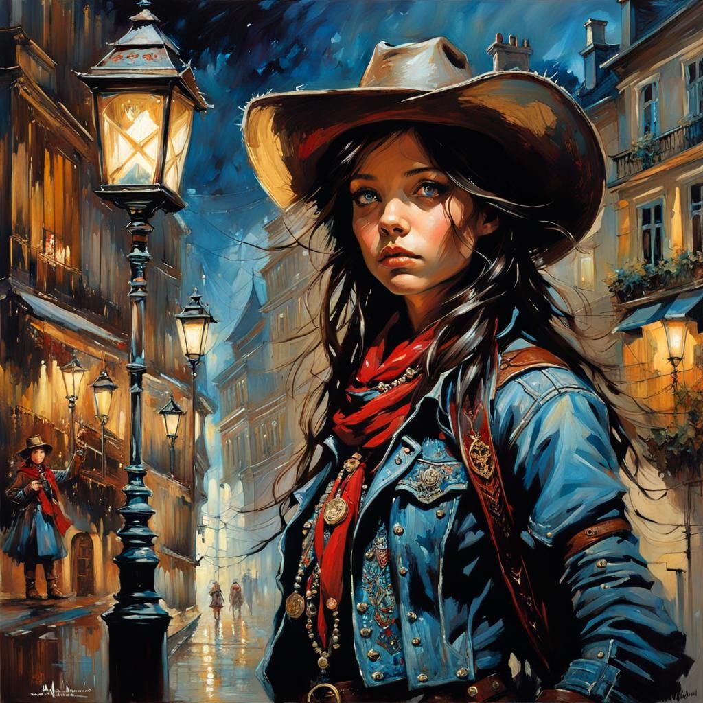 Cowgirl in Dark Fantasy French Street Setting