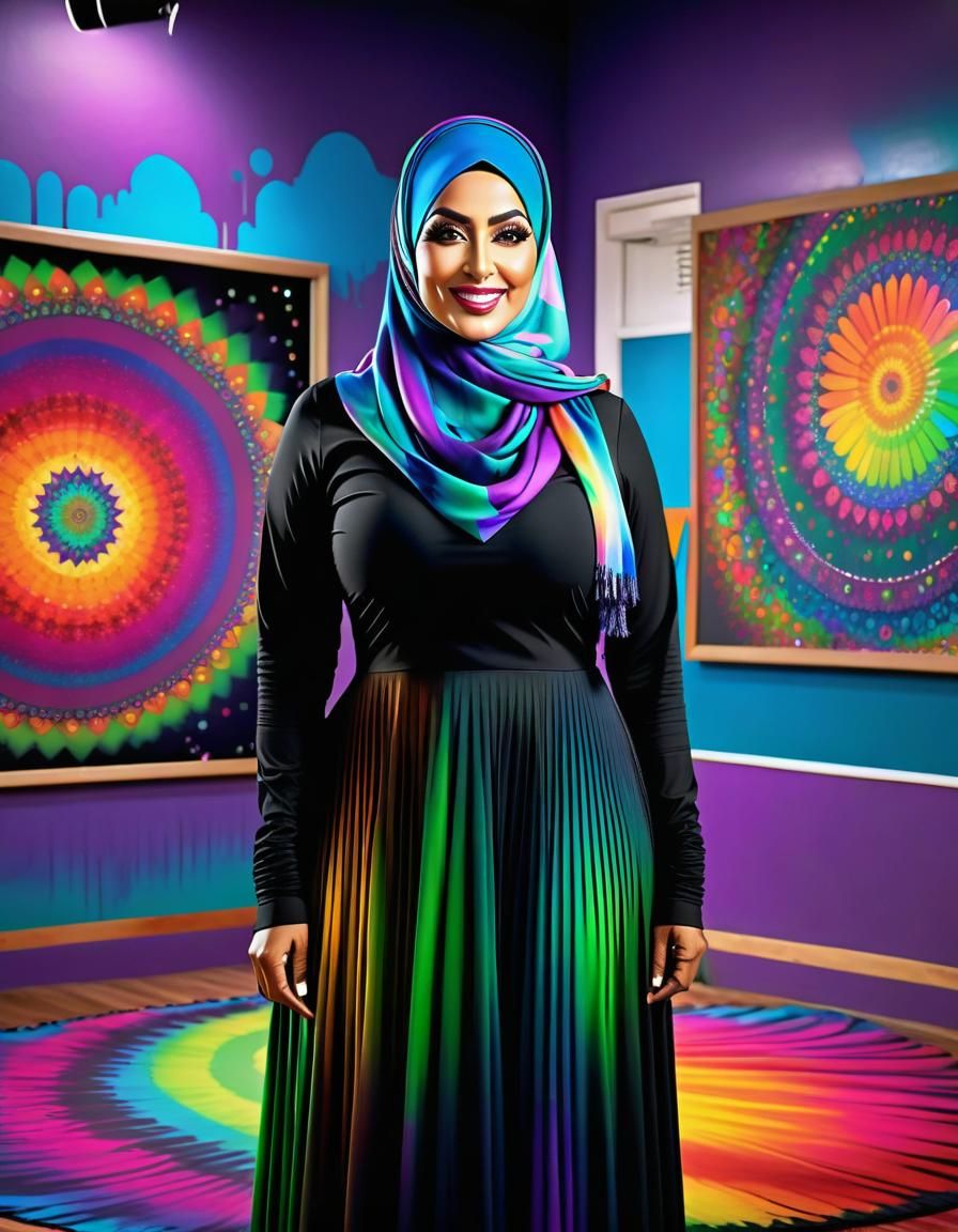 Happy Hijabi Teacher in Psychedelic Classroom Art