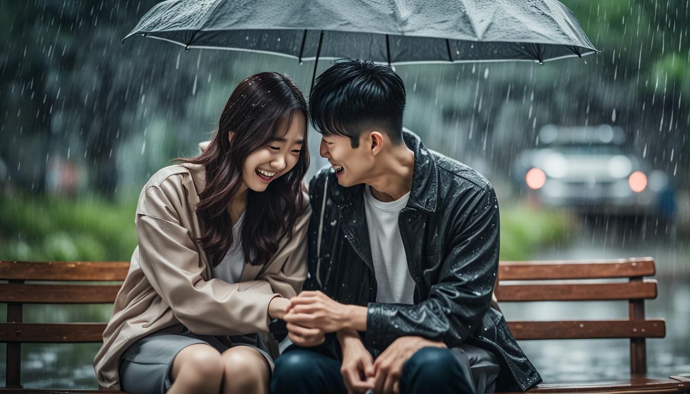 Happy Korean Couple in Rainy Cinematic Scene