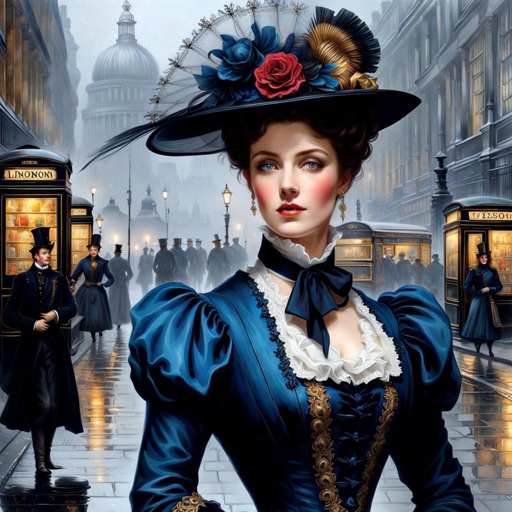 Victorian Woman in Foggy London, Splash Art Style