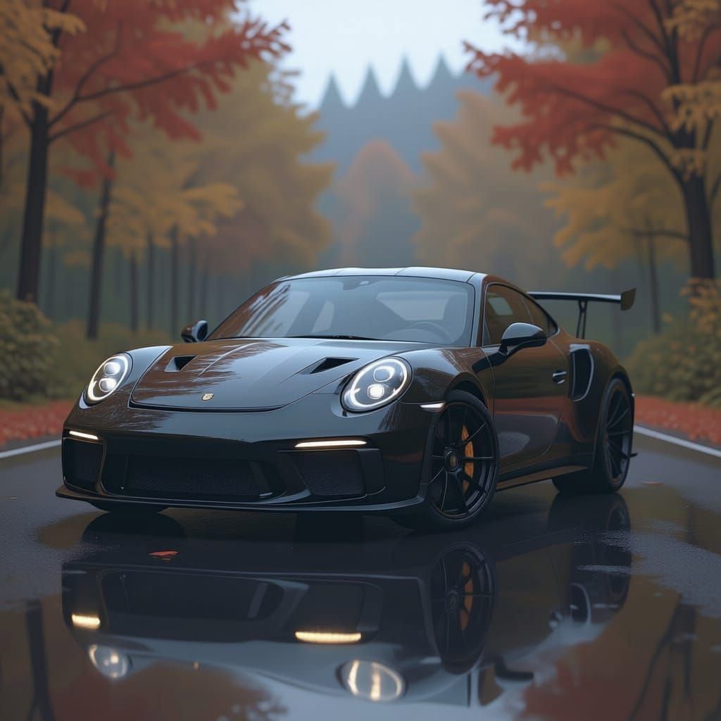 Stunning Black Porsche 911 GT3 RS in Autumn Rain