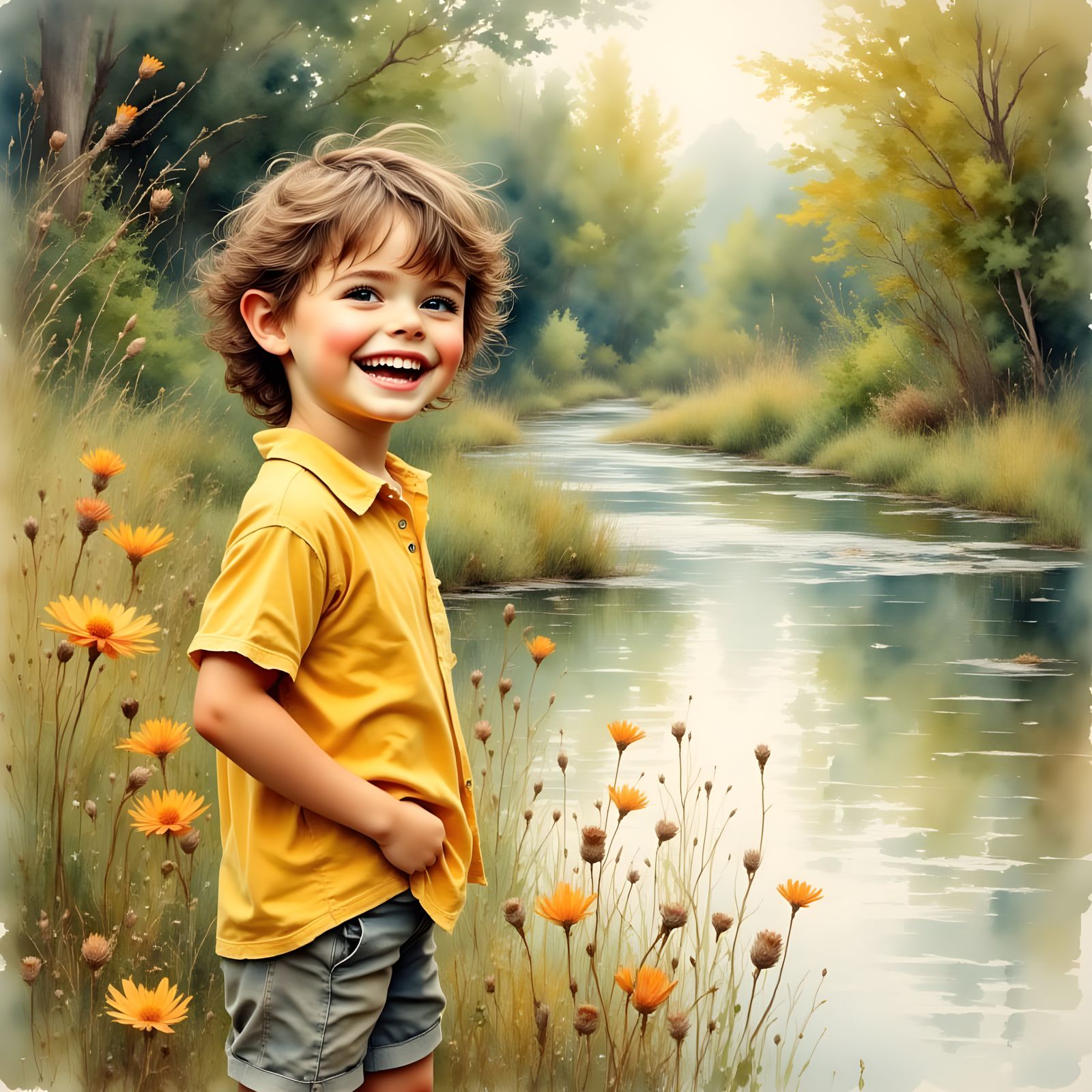 Boy by River in Antique Watercolor Style