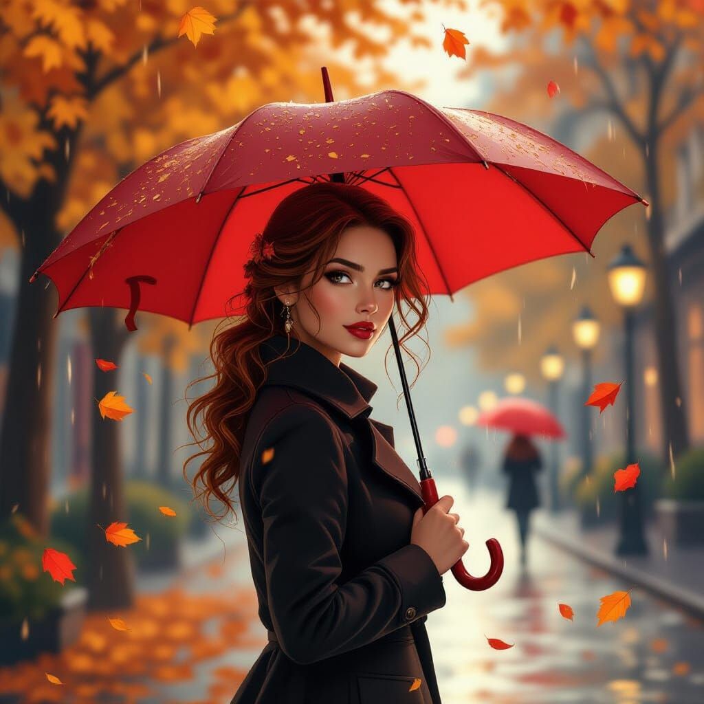 Striking Woman in Autumn Rain With Red Umbrella