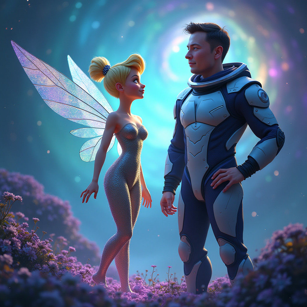 Tinker Bell and Elon Musk in Cyberpunk Dreamscape