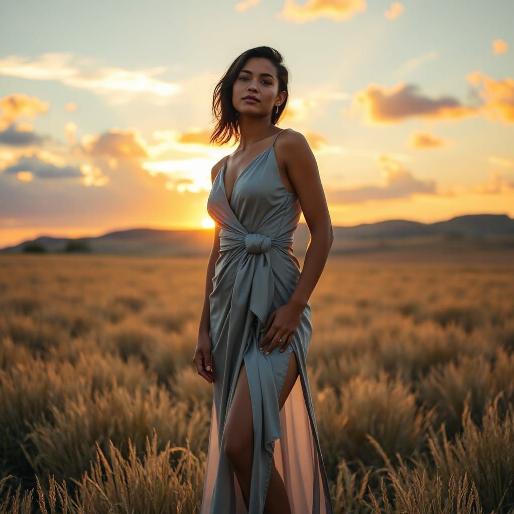 Latina Woman in Golden Field at Sunset