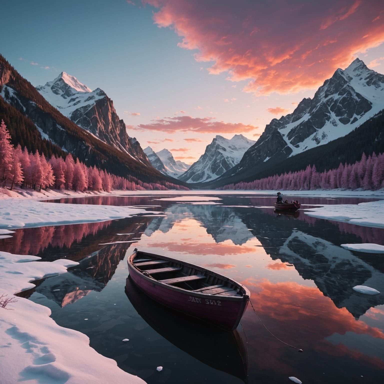 Frozen Lake Sunset: Detailed Matte Painting