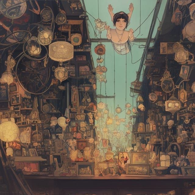 Sinisterly Lit Victorian Antique Shop Illustration