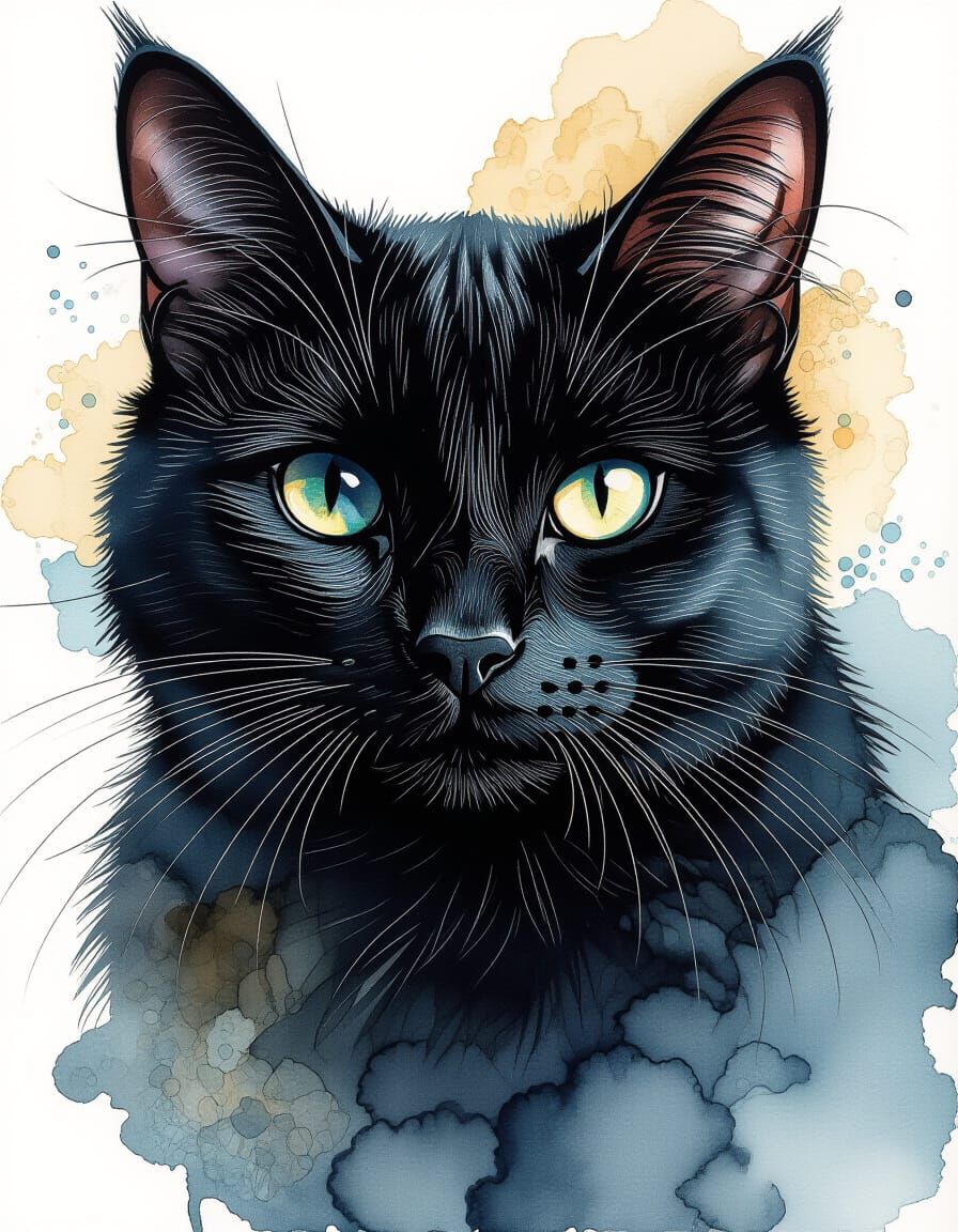 Intricate Black Cat Illustration in Pen and Ink