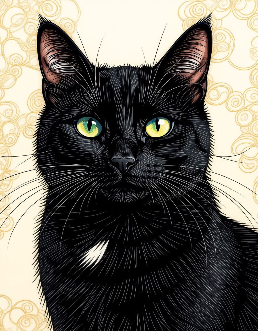 Intricate Black Cat Illustration in Pen and Ink