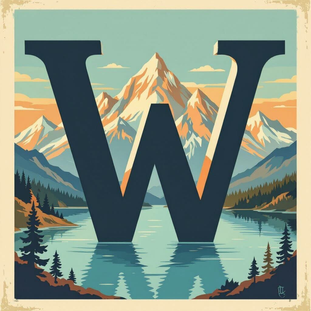VW Logo with Mountains and Lake in Vintage Style