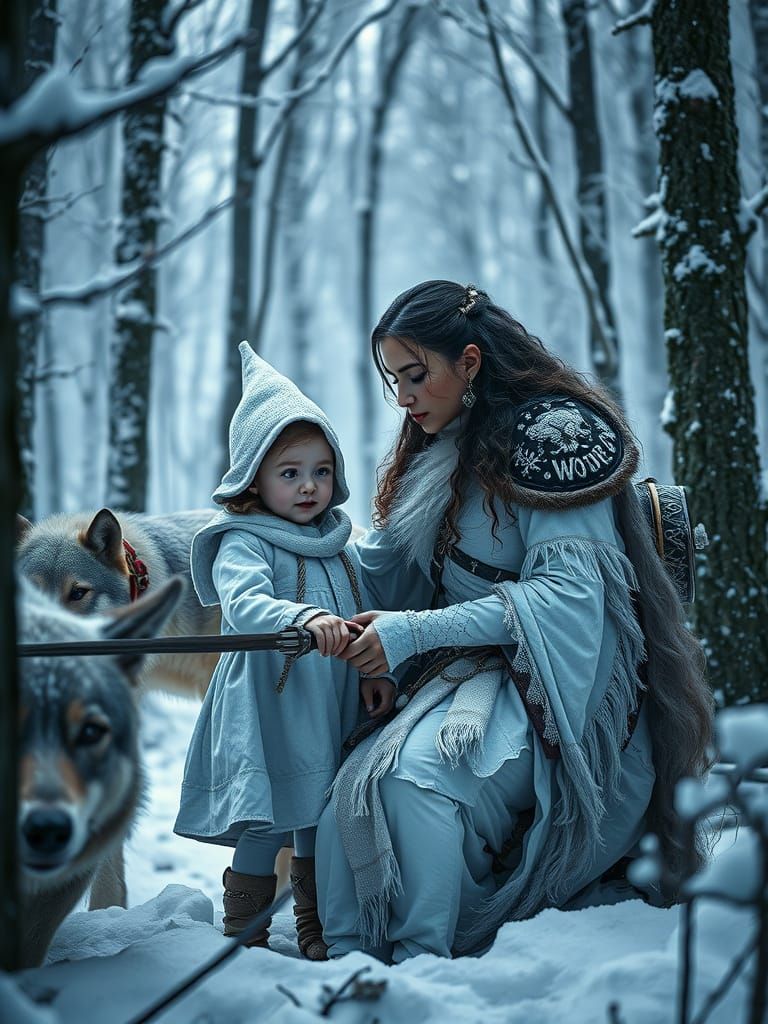 Warrior Woman Defends Child in Winter Forest