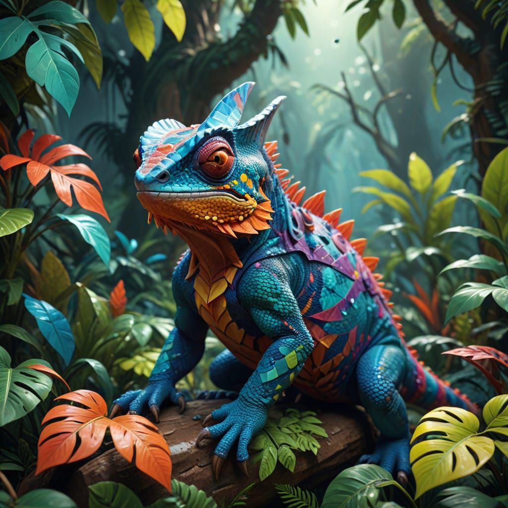 Chameleon in Geometric Jungle: Low-Poly Art